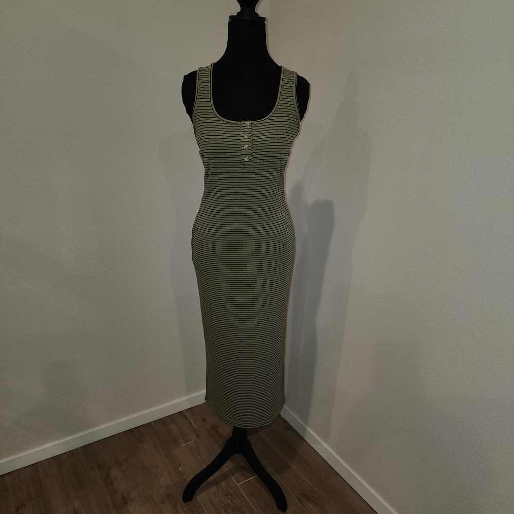 Vici Olive and Black Striped Midi Dress